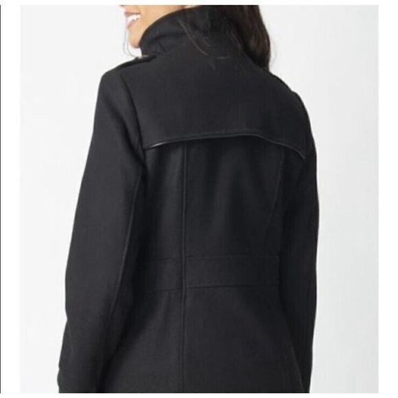 TAHARI~BLACK WOOL RUFFLE SNAP FRONT LEATHER TRIM COAT sz 14 - Picture 2 of 16